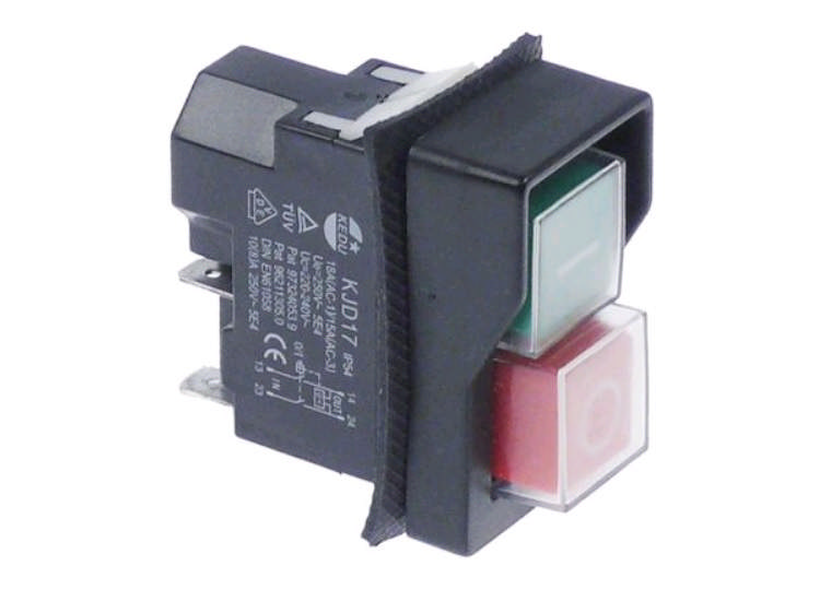 Tryckknapp 0/1 kvadratisk röd/grön 2NO 250V 10A